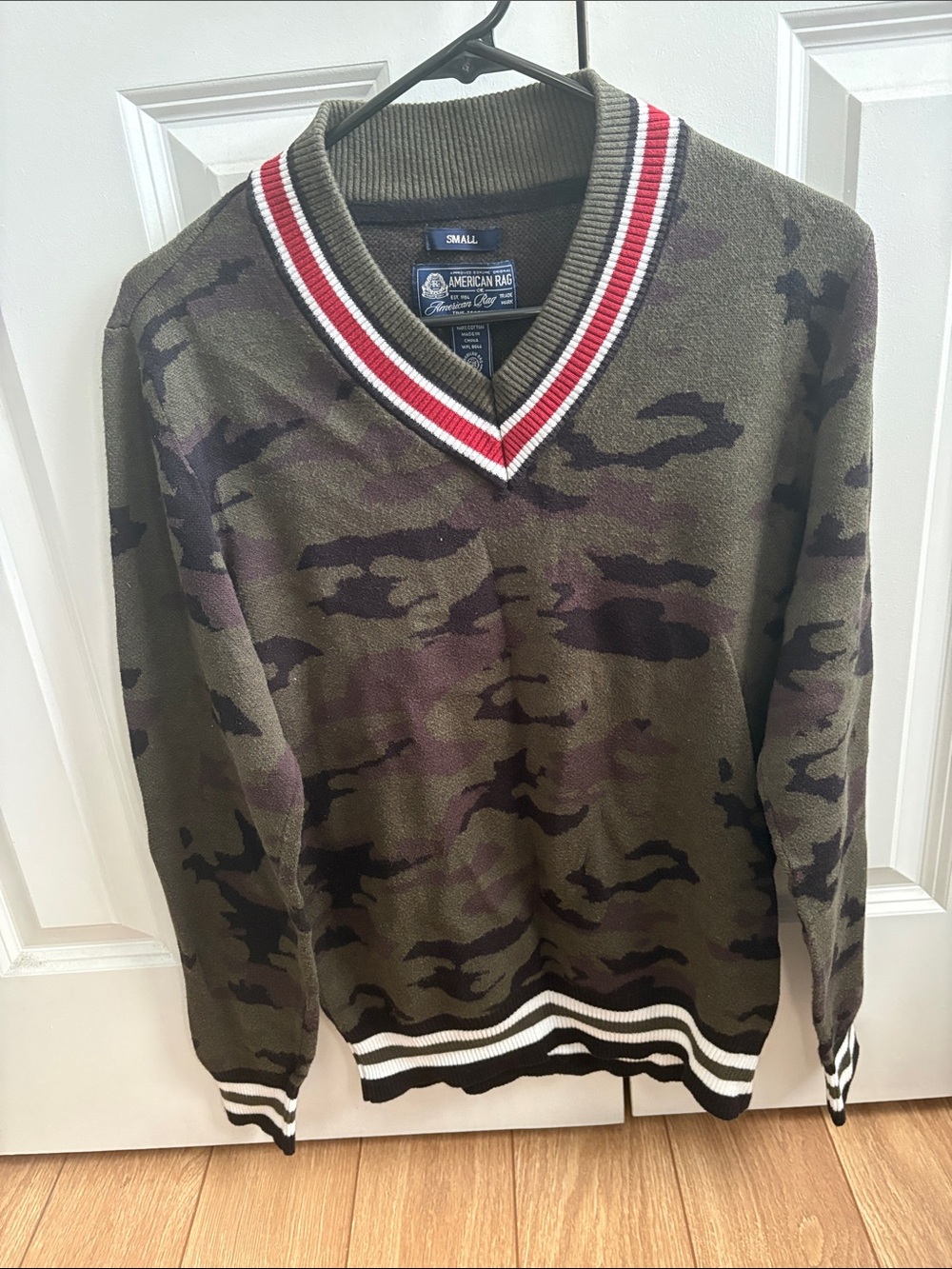 American Rag Men’s Olive Camo V-Neck Sweater with Red and White Trim